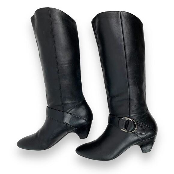 Vintage Shoes - 2000's MARC FISHER tall black leather boots with silver ring and low heels